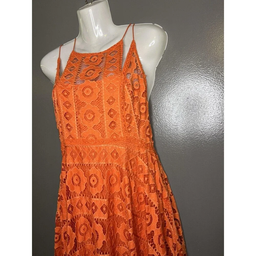 Free People Dress Womens 4 Orange Lace Halter Fit & Flare Short Boho Sundress